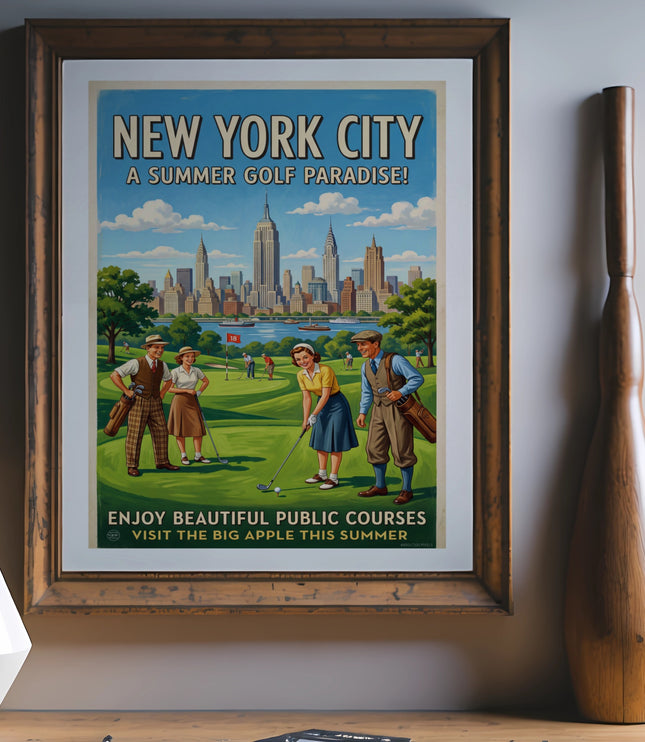 New York City golf poster with Empire State Building and golfers.
