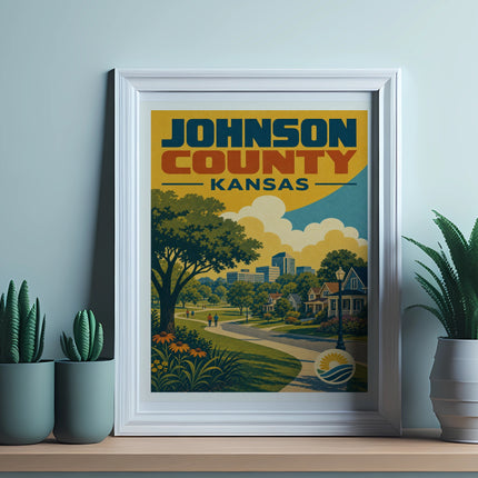 Framed vintage travel poster for Johnson County, Kansas featuring a scenic park and town.