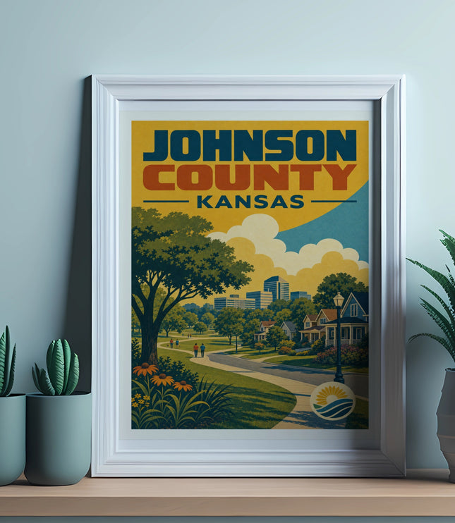 Framed vintage travel poster for Johnson County, Kansas featuring a scenic park and town.
