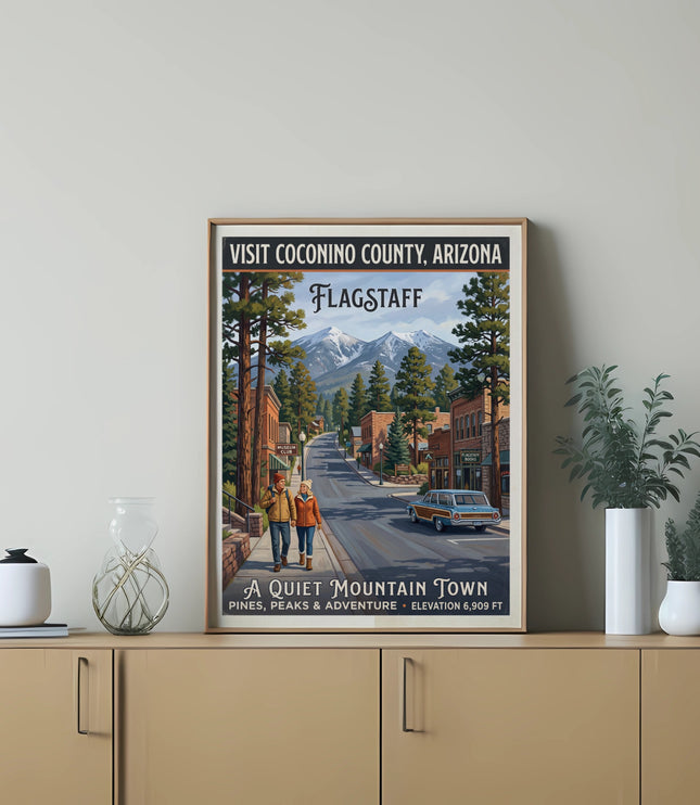 Flagstaff Arizona travel poster showing a mountain town street scene with text.