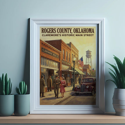 Rogers County, Oklahoma Claremore's Historic Main Street poster with people and vintage car.
