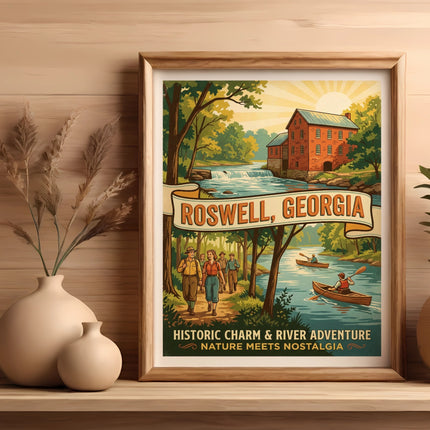Roswell, Georgia historic charm and river adventure vintage poster with text.