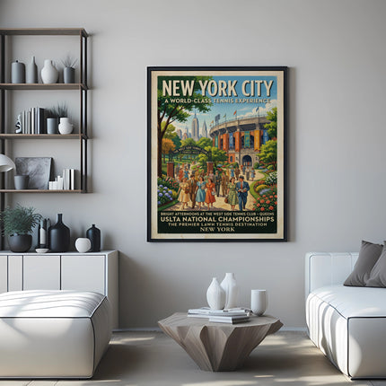 New York City USLTA National Championships tennis poster with crowds and stadium.