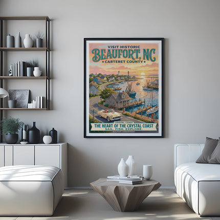 Poster of historic Beaufort, NC coastal scene with boats, lighthouse, and vintage car.