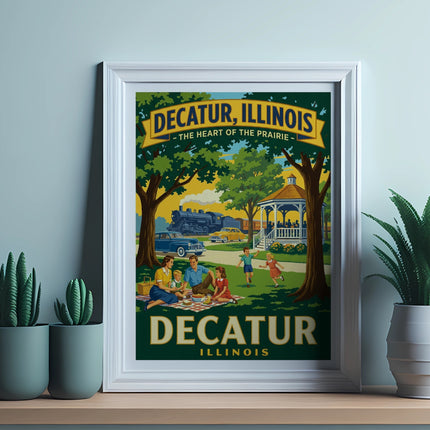 Vintage "Decatur, Illinois - The Heart of the Prairie" poster showing a family picnic and train.