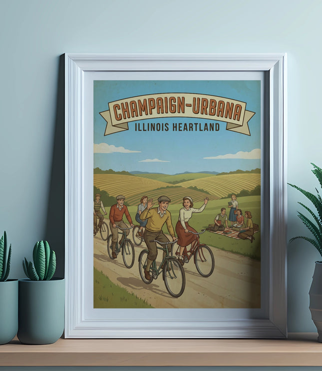Champaign-Urbana Illinois Heartland poster of people biking and picnicking.
