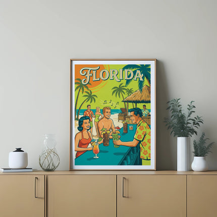 Retro Florida scene with people at a bar under palm trees.