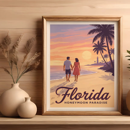 Framed print with couple walking on beach, palm trees, and text "Florida Honeymoon Paradise".