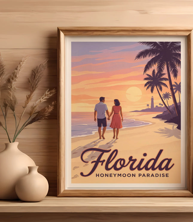 Framed print with couple walking on beach, palm trees, and text "Florida Honeymoon Paradise".