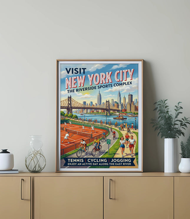 Visit New York City Riverside Sports Complex poster with tennis, cycling, and jogging.