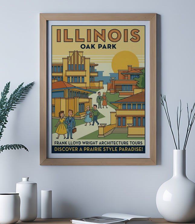 Poster for Illinois Oak Park Frank Lloyd Wright Architecture Tours with prairie-style buildings.