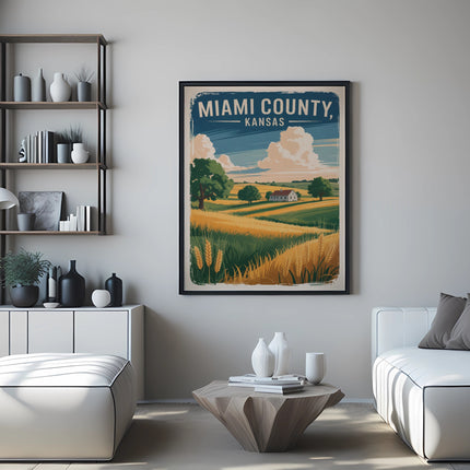 Framed vintage poster of Miami County, Kansas landscape with text.