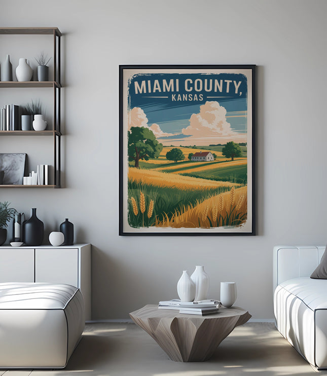 Framed vintage poster of Miami County, Kansas landscape with text.