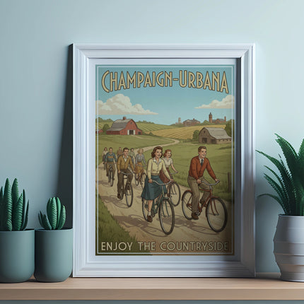 Vintage poster of cyclists enjoying the Champaign-Urbana countryside.