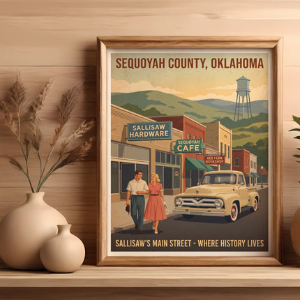 Sequoyah County, Oklahoma poster featuring a vintage scene with a couple and truck.