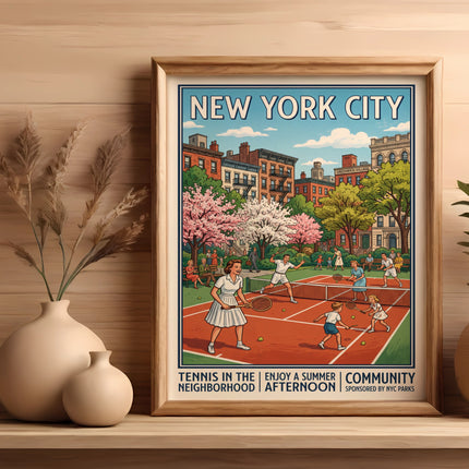 New York City tennis community poster in Greenwich Village, sponsored by NYC Parks.