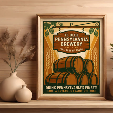 Pennsylvania Brewery sign with barrels, "Ye Olde Pennsylvania Brewery Est. 1830" text.