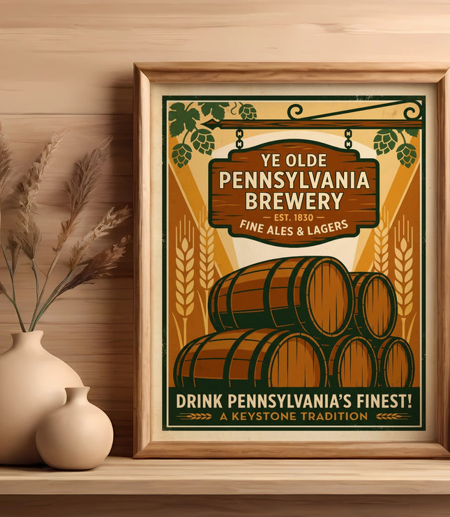 Pennsylvania Brewery sign with barrels, "Ye Olde Pennsylvania Brewery Est. 1830" text.