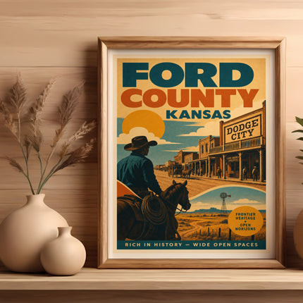 Ford County, Kansas, Dodge City poster with a cowboy, frontier buildings, and text.