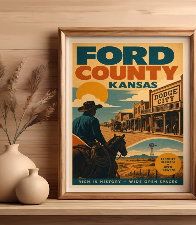 Ford County, Kansas, Dodge City poster with a cowboy, frontier buildings, and text.
