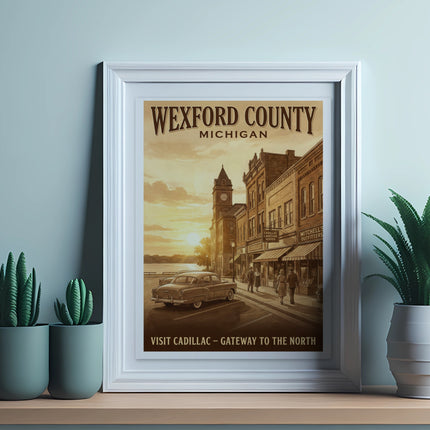 Vintage poster of Wexford County, Michigan with a clock tower, shops, and classic car.