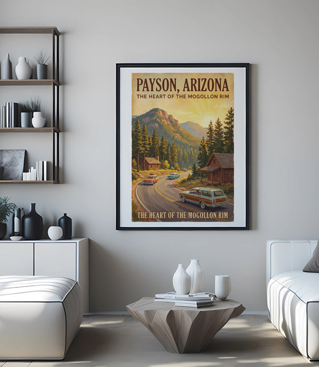 Vintage Payson, Arizona poster featuring a scenic mountain road with cars and cabins.