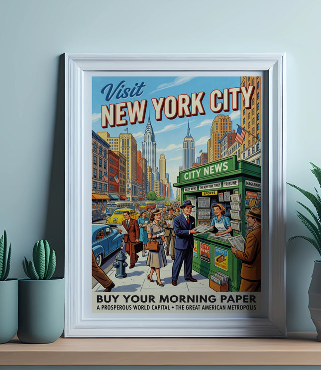 Vintage poster shows New York City street scene with crowd, newsstand, and skyscrapers.