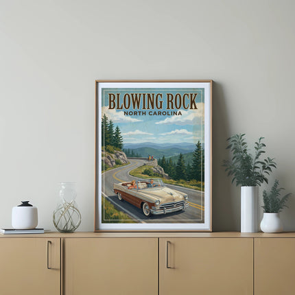 Poster of Blowing Rock, North Carolina, with a vintage car driving on a scenic mountain road.