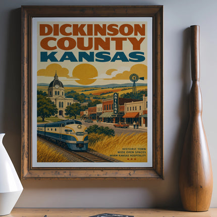 DICKINSON COUNTY KANSAS vintage travel poster featuring train and town.