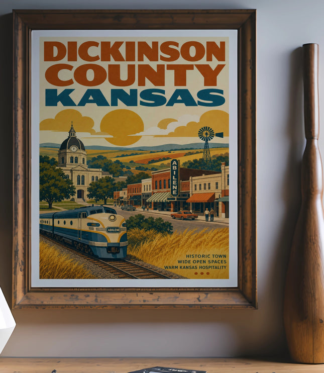 DICKINSON COUNTY KANSAS vintage travel poster featuring train and town.