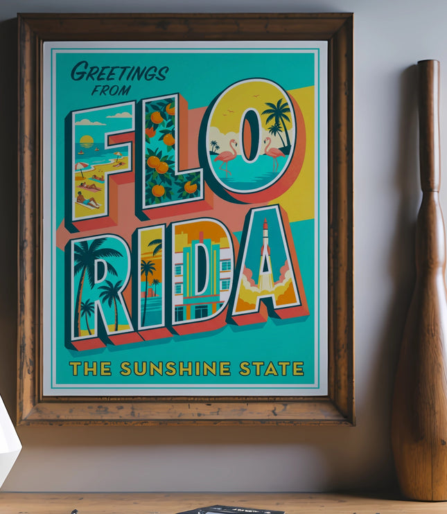 Vintage postcard print with "GREETINGS FROM FLORIDA THE SUNSHINE STATE" text.