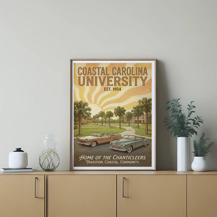 Coastal Carolina University poster with two vintage cars and palm trees.