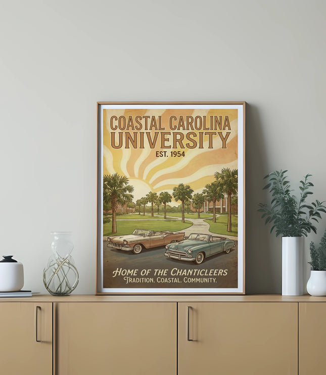 Coastal Carolina University poster with two vintage cars and palm trees.