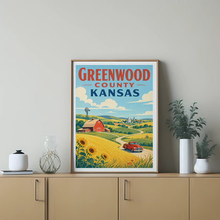 Greenwood County Kansas vintage travel poster with farm scene.