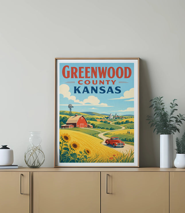 Greenwood County Kansas vintage travel poster with farm scene.