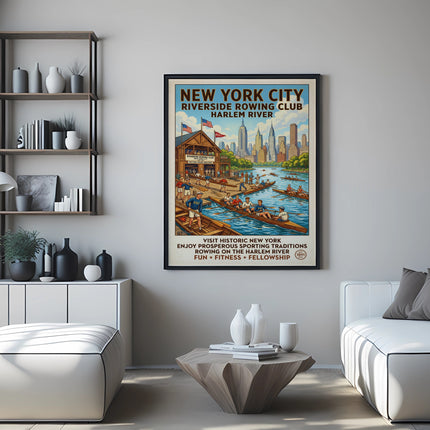 Poster for New York City Riverside Rowing Club, showing rowers on Harlem River.