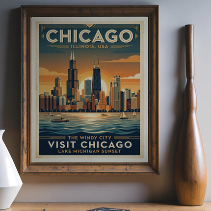 Vintage Chicago Illinois poster showing skyline and Lake Michigan sunset.