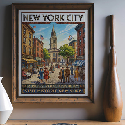 New York City poster with "A Prosperous Community" and "Visit Historic New York" text.