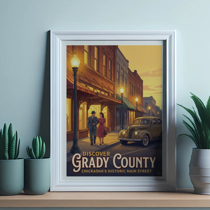 Discover Grady County poster with vintage couple and car on historic main street.
