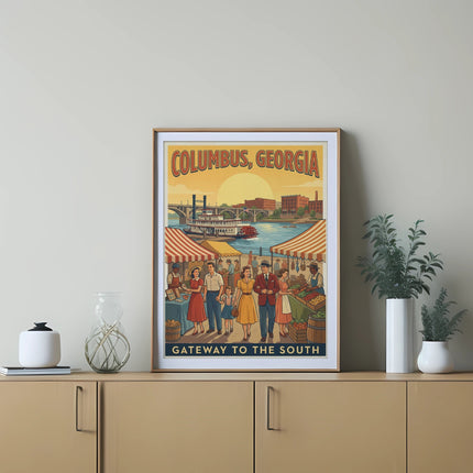 Vintage poster of Columbus, Georgia, "Gateway to the South," with a steamboat and market scene.