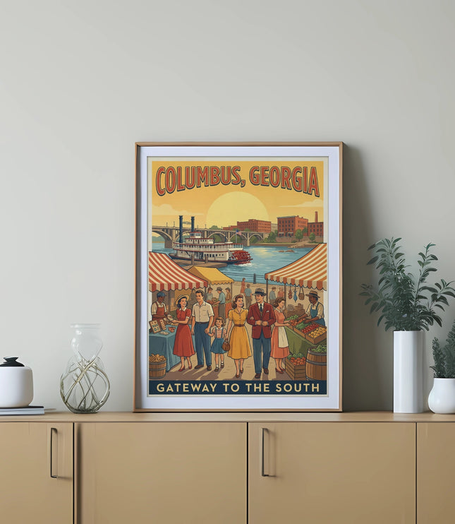Vintage poster of Columbus, Georgia, "Gateway to the South," with a steamboat and market scene.