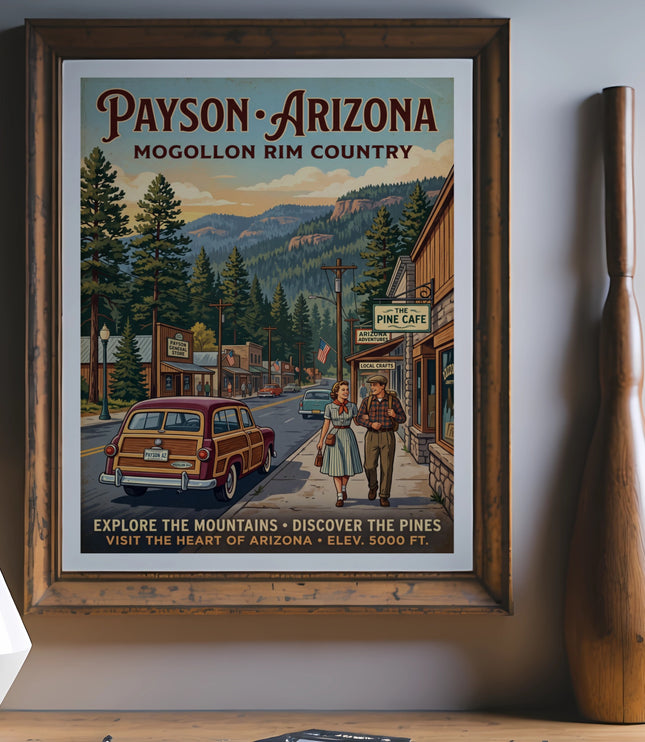 Vintage travel poster for Payson, Arizona, Mogollon Rim Country, showing a couple walking.