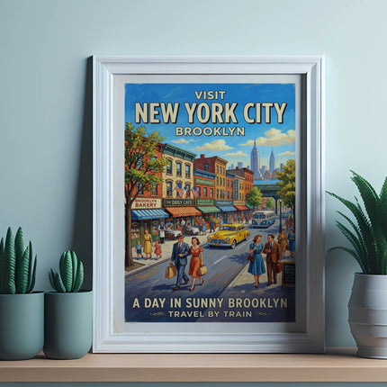 Vintage travel poster for Brooklyn, New York, showing a street scene with people and a yellow taxi.