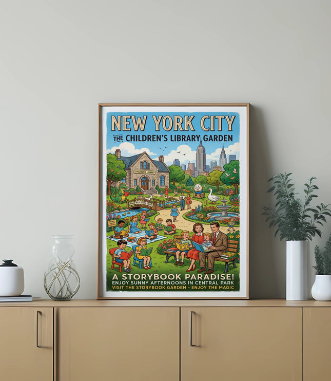 New York City The Children's Library Garden poster with children reading in a garden.