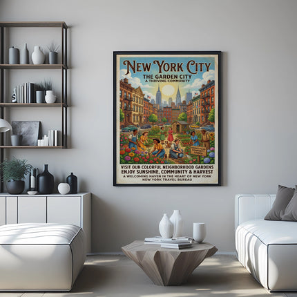New York City "The Garden City" poster with neighborhood gardens and text.