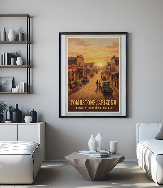 Vintage Tombstone, Arizona poster showing a historic street scene at sunset.