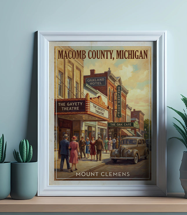 Vintage travel poster of Macomb County, Michigan, featuring Mount Clemens landmarks.