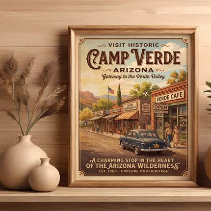 Vintage poster of Camp Verde, Arizona, showing a street with shops and a classic car.