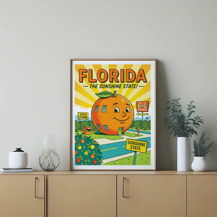 Florida Sunshine State juice stand sign with cartoon orange character.