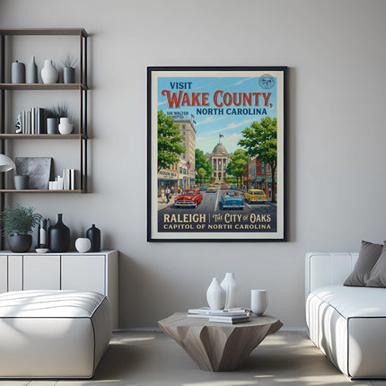Vintage poster of Wake County, NC, featuring Raleigh and Sir Walter Hotel.